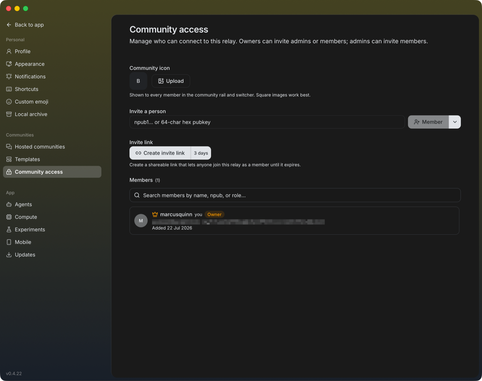 Buzz Desktop Community access settings showing the Create invite link button, invite a person field, and members list