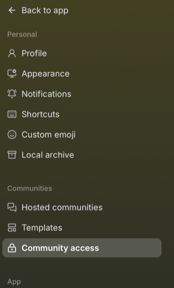 Buzz Desktop settings sidebar with Community access highlighted under Communities
